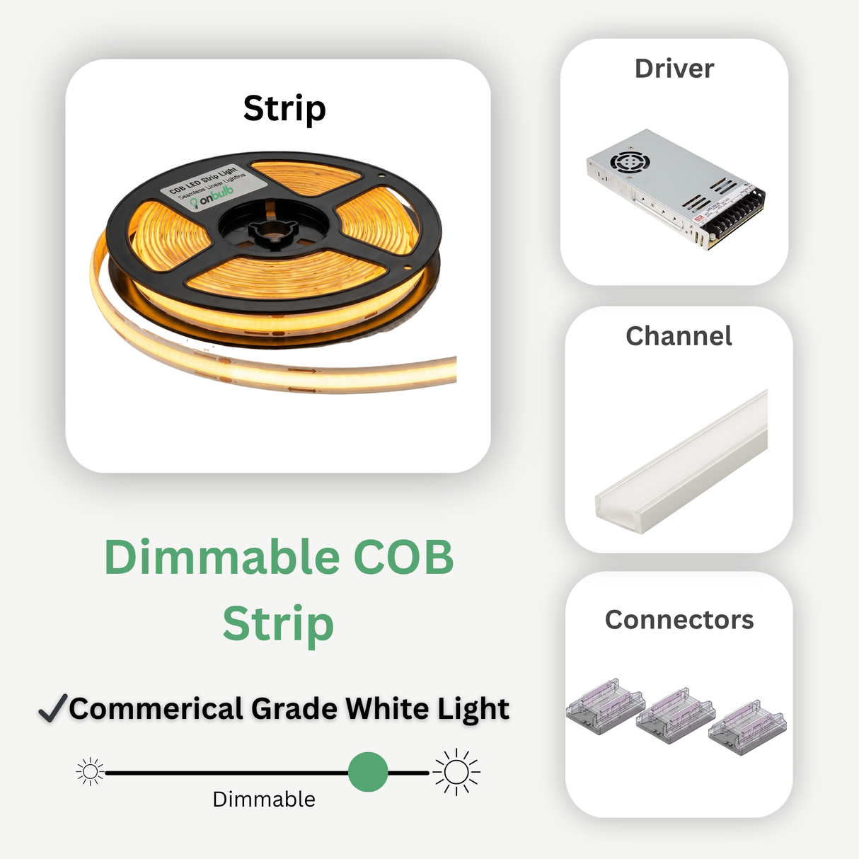 Standard 305 Lumens Per Foot LED Dimmable Strip Light Package: Includes strip light, driver, connectors, channel, and diffuser.